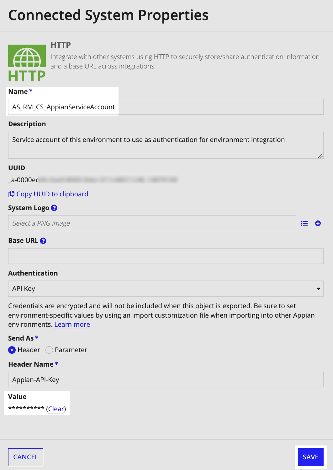AS_RM_CS_AppianServiceAccount connected system properties: API Key value field.