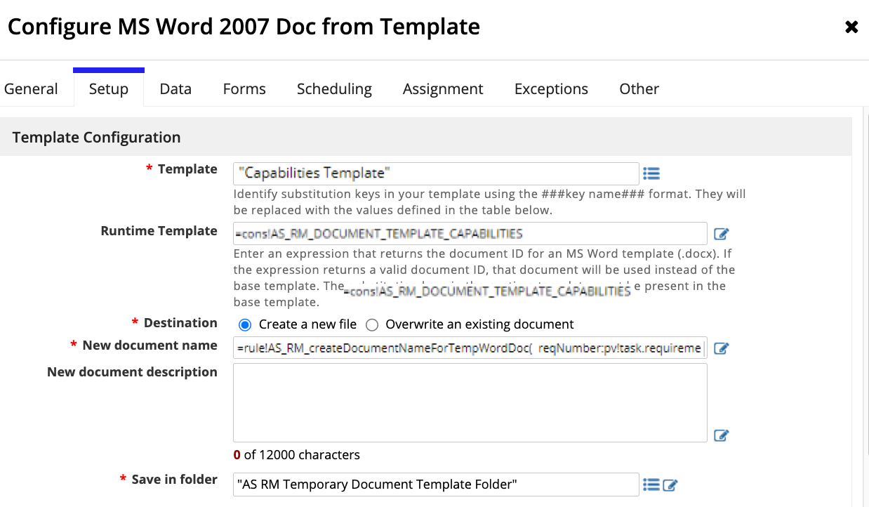 Setup tab for configuring a Word document template, showing template name, destination, and save folder.