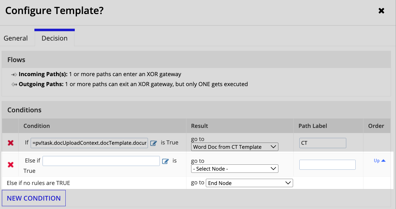 Adding a new condition to an XOR gateway decision tab for template auto-population.