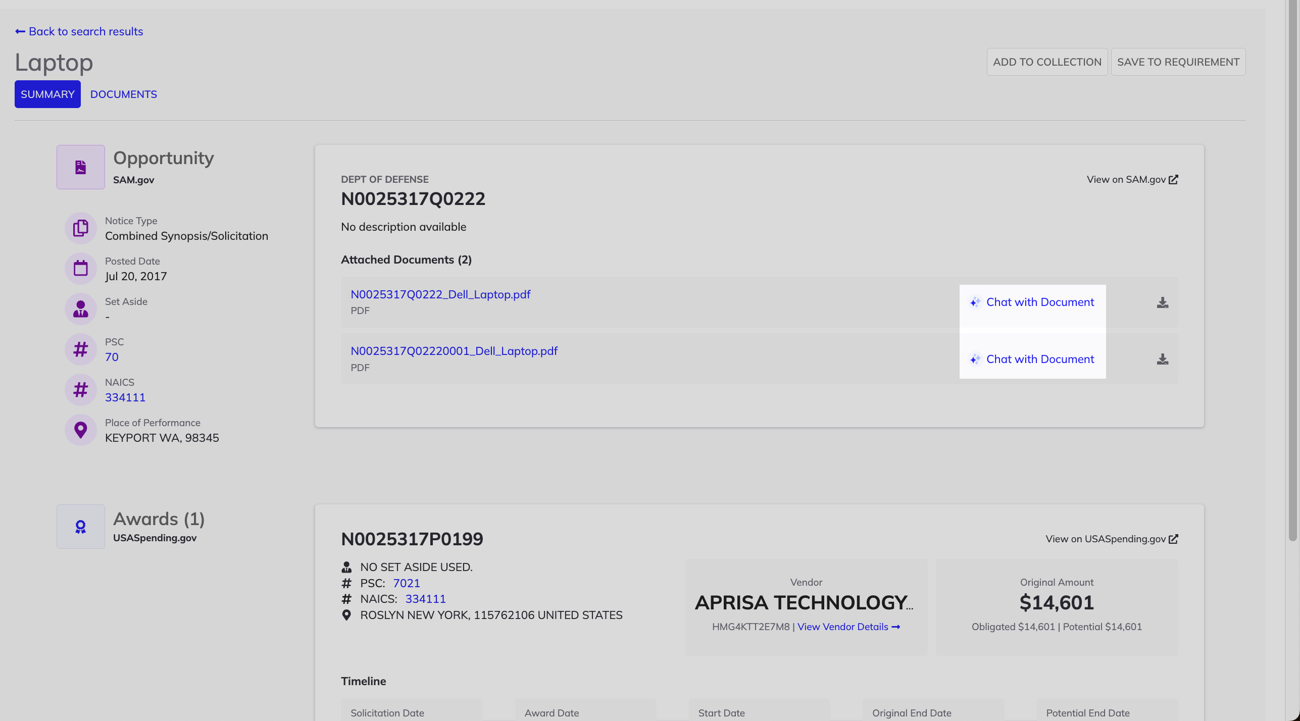 Procurement summary tab with documents and AI chat options.