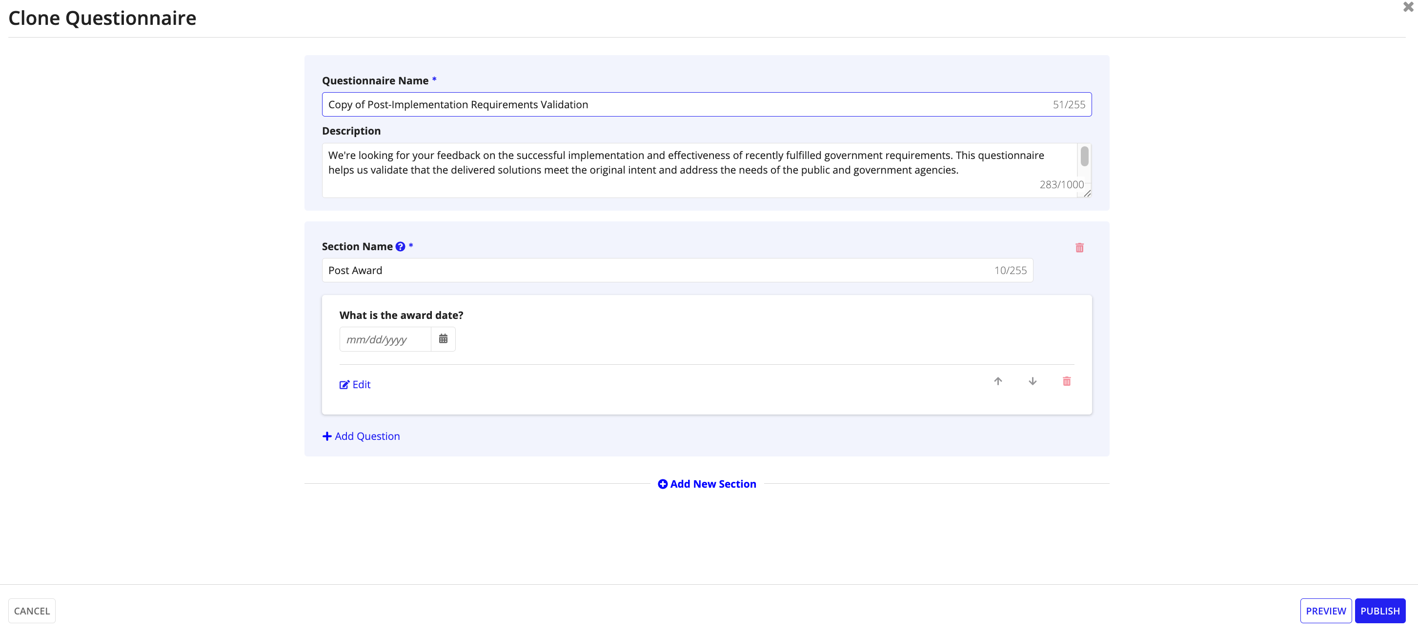 Clone Questionnaire wizard displaying editable name, description, and questions.