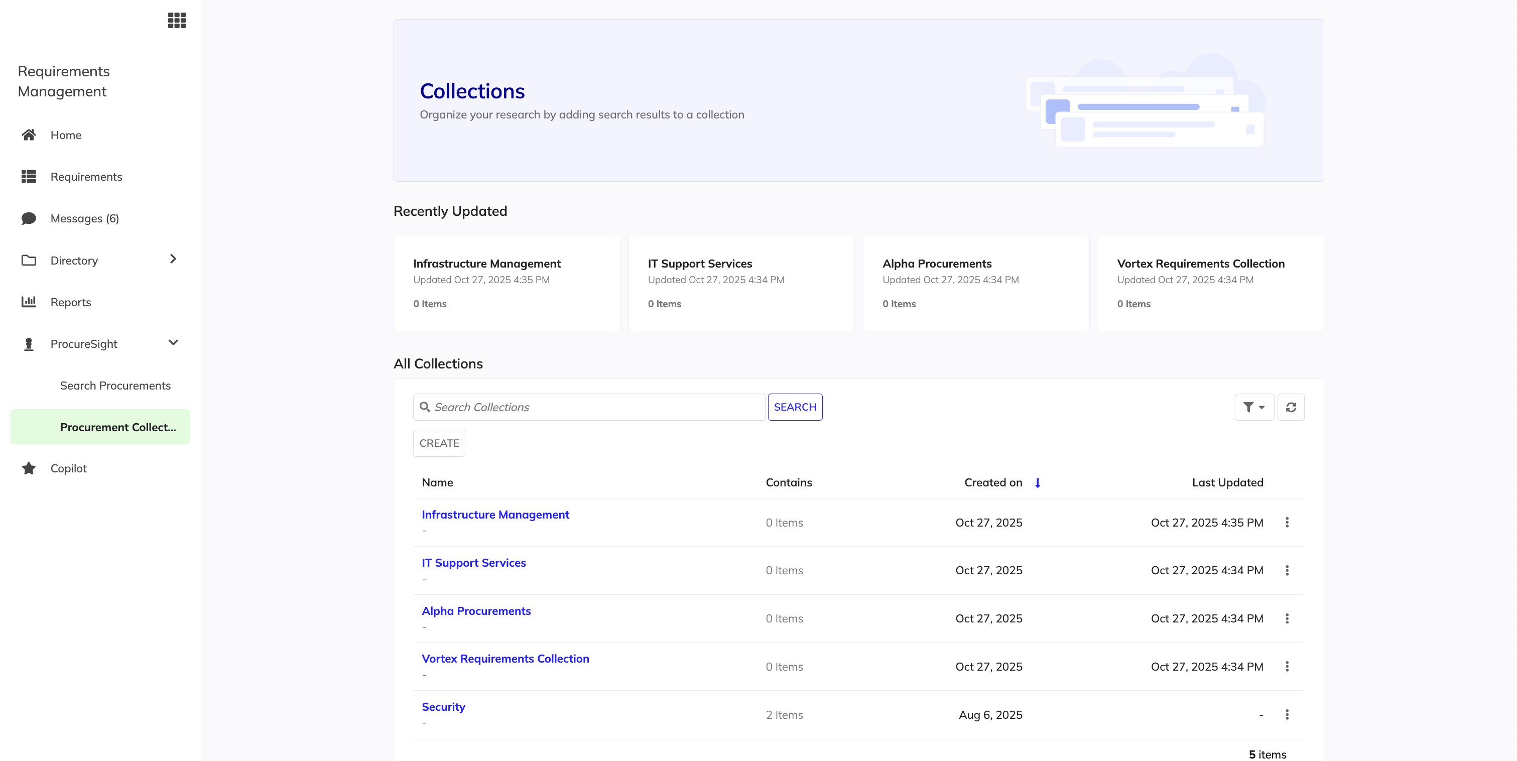 ProcureSight Collections screen showing procurement groups.