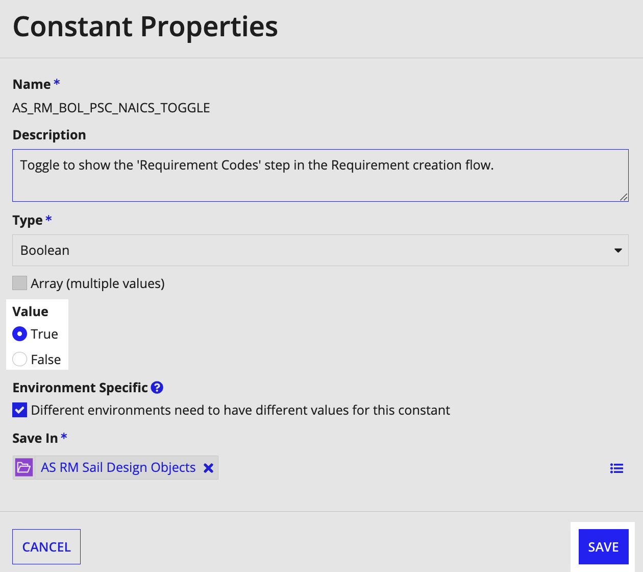 Constant Properties wizard for AS_RM_BOL_PSC_NAICS_TOGGLE showing Value True.