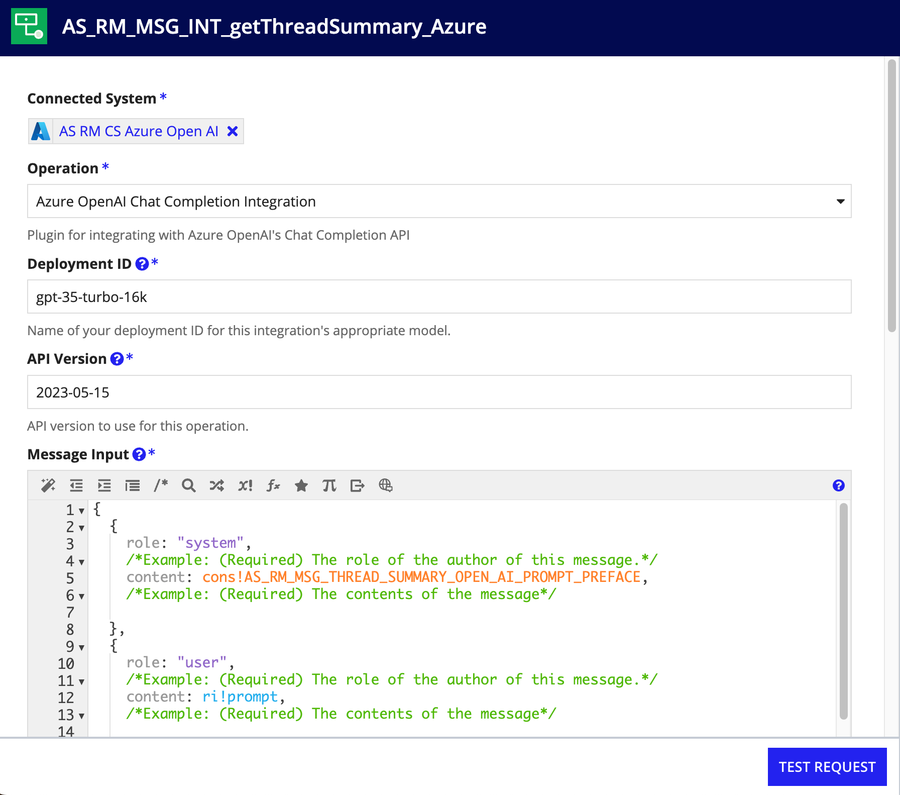 Appian Azure OpenAI integration testing interface for API key validation.