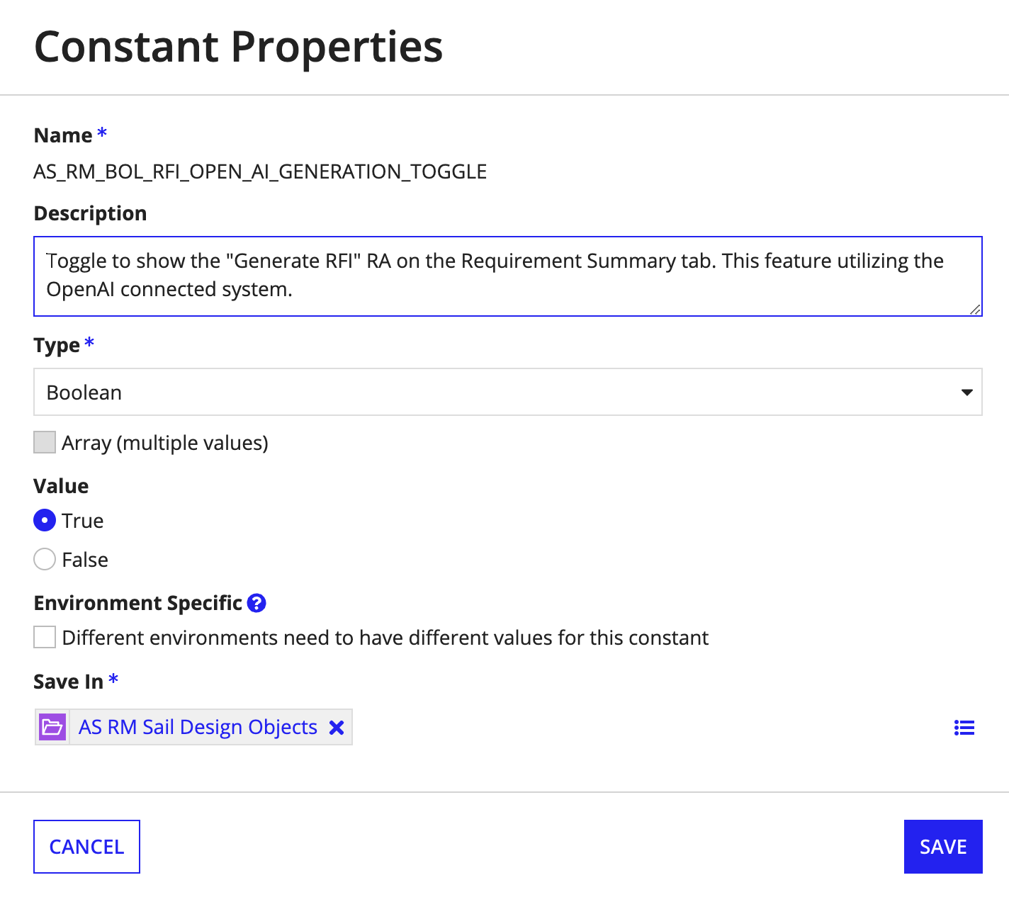 `AS_RM_BOL_RFI_OPEN_AI_GENERATION_TOGGLE` constant set to True for RFI generation.