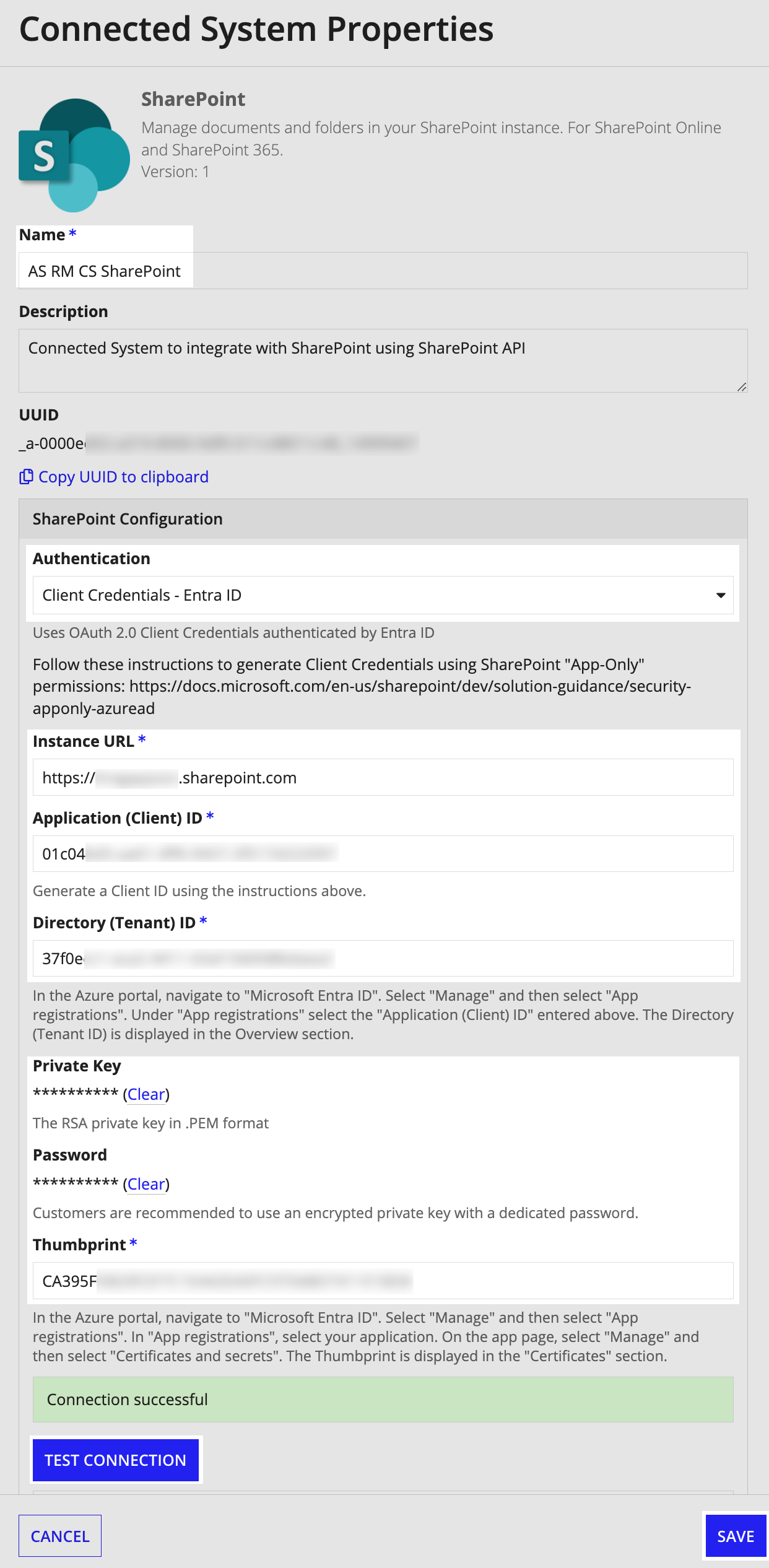 SharePoint Connected System properties: API configuration and successful connection.