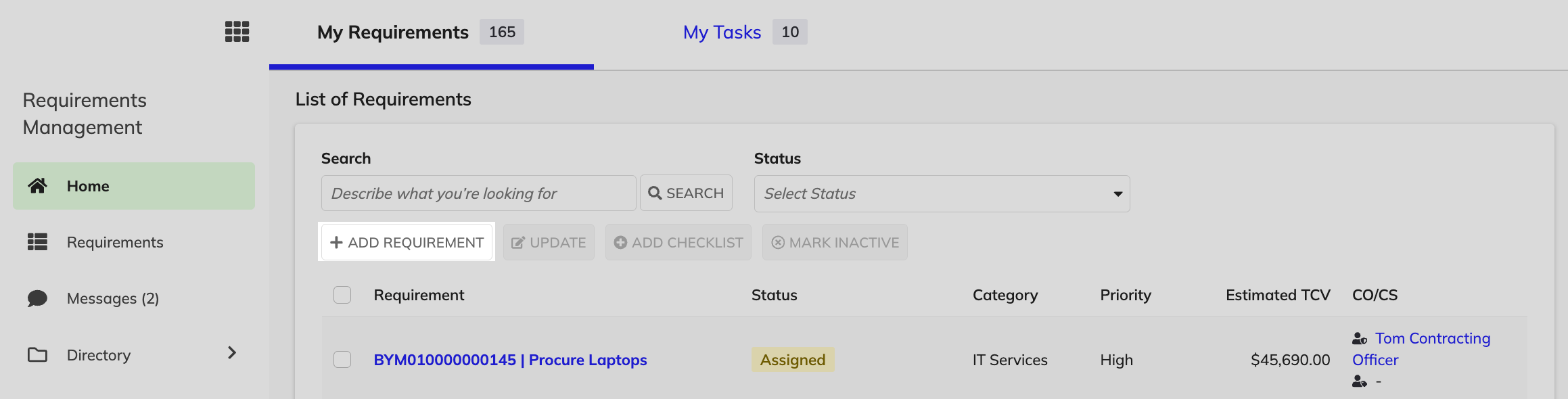 RM Home page overview showing navigation, requirements search, and Add Requirement button.