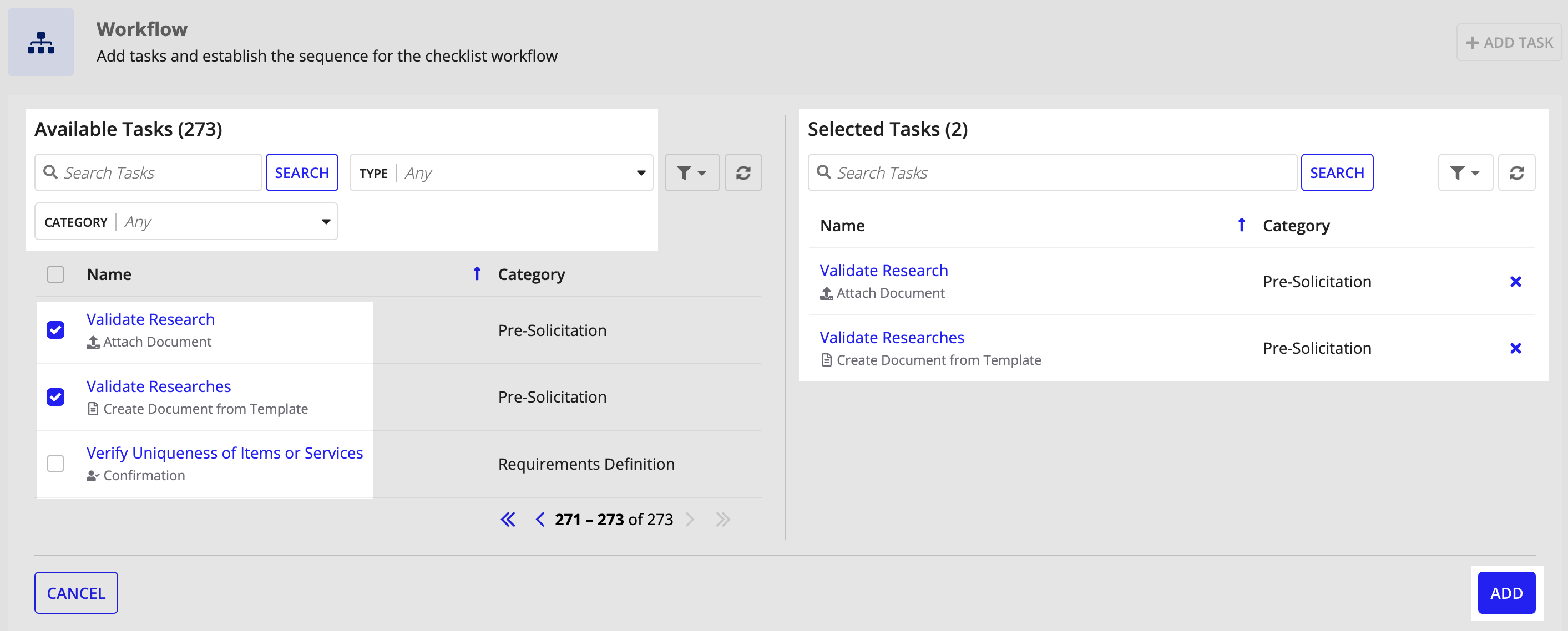 Add Checklist wizard: selecting available tasks to build a new checklist workflow.