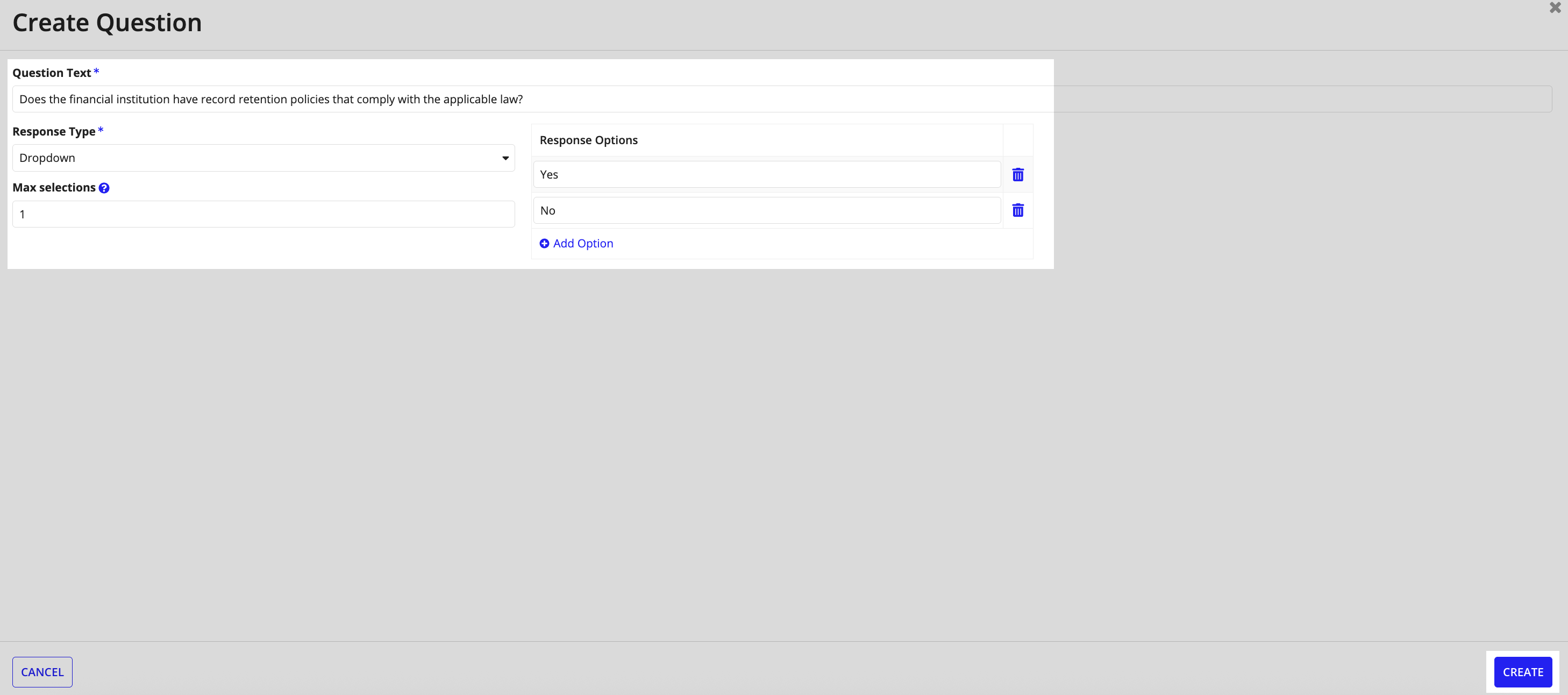 Create Question wizard showing dropdown response type and options.
