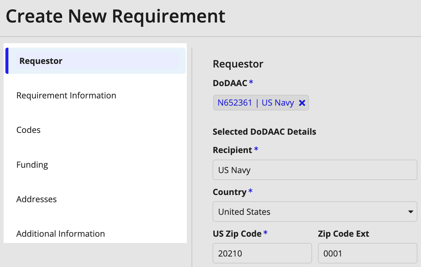 Create New Requirement wizard with Requestor tab selected and DoDAAC details.