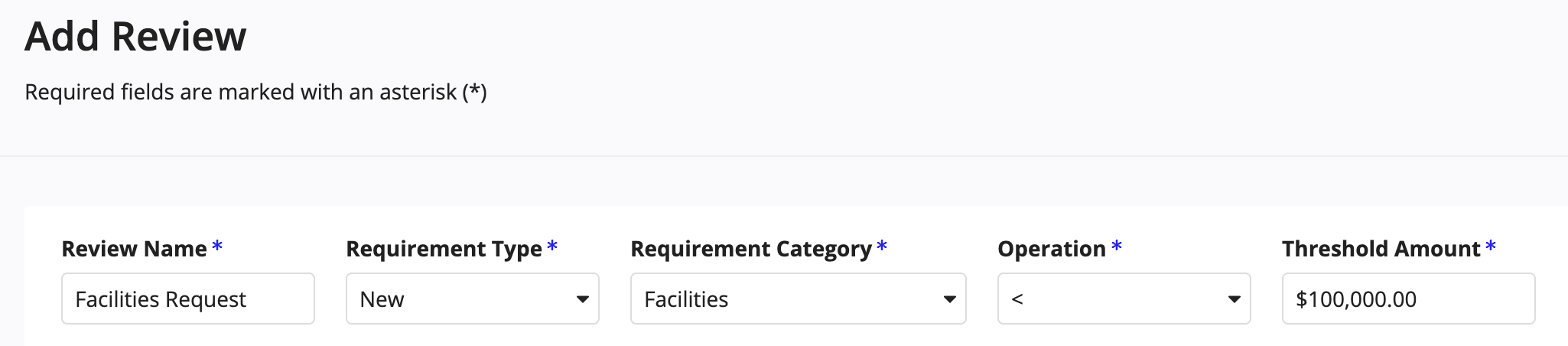 Add Review wizard: Review Name, Requirement Type, Category, Operation, Threshold Amount.