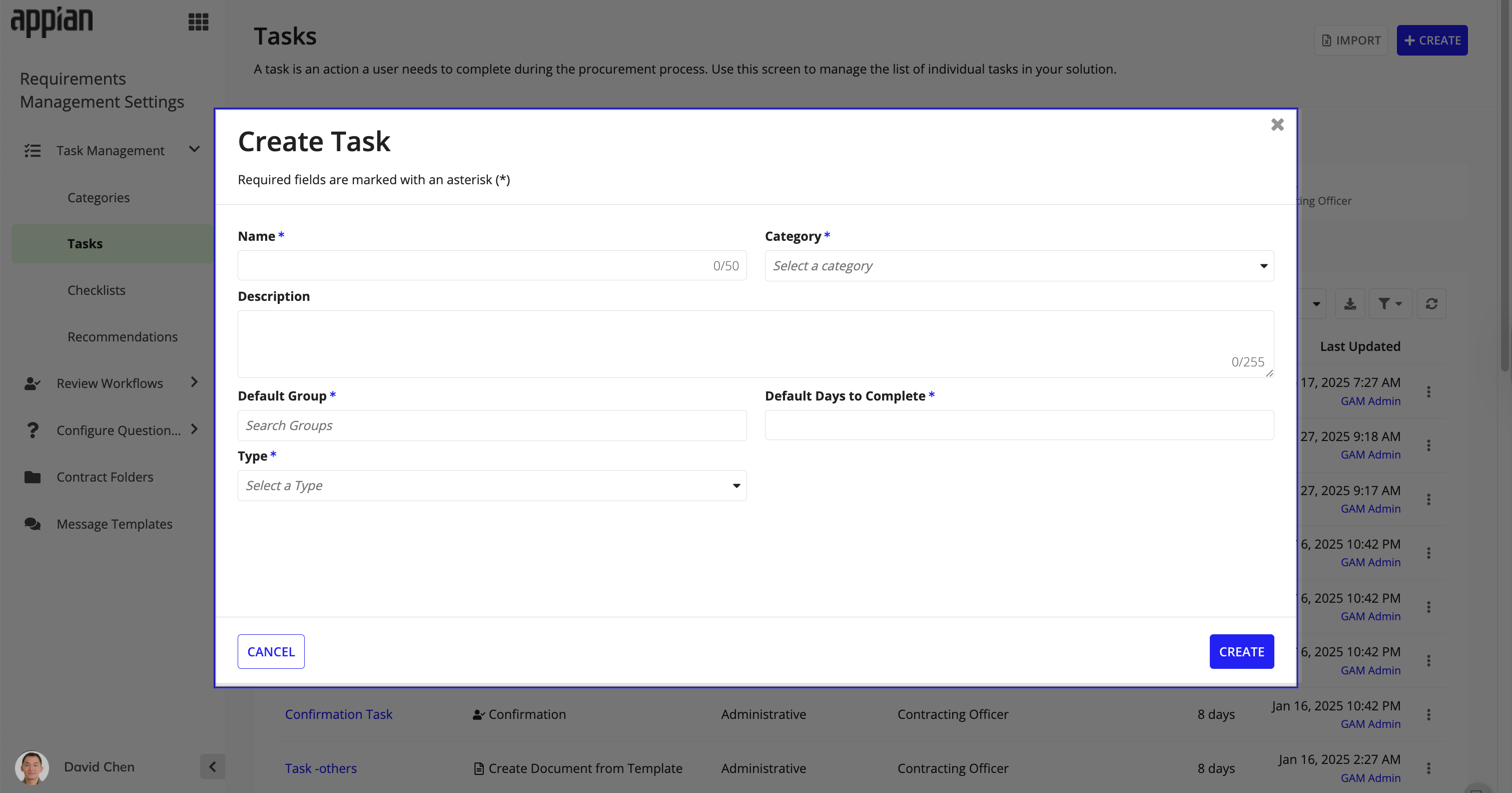 Create Task wizard: enter task name, category, description, group, days to complete, type.