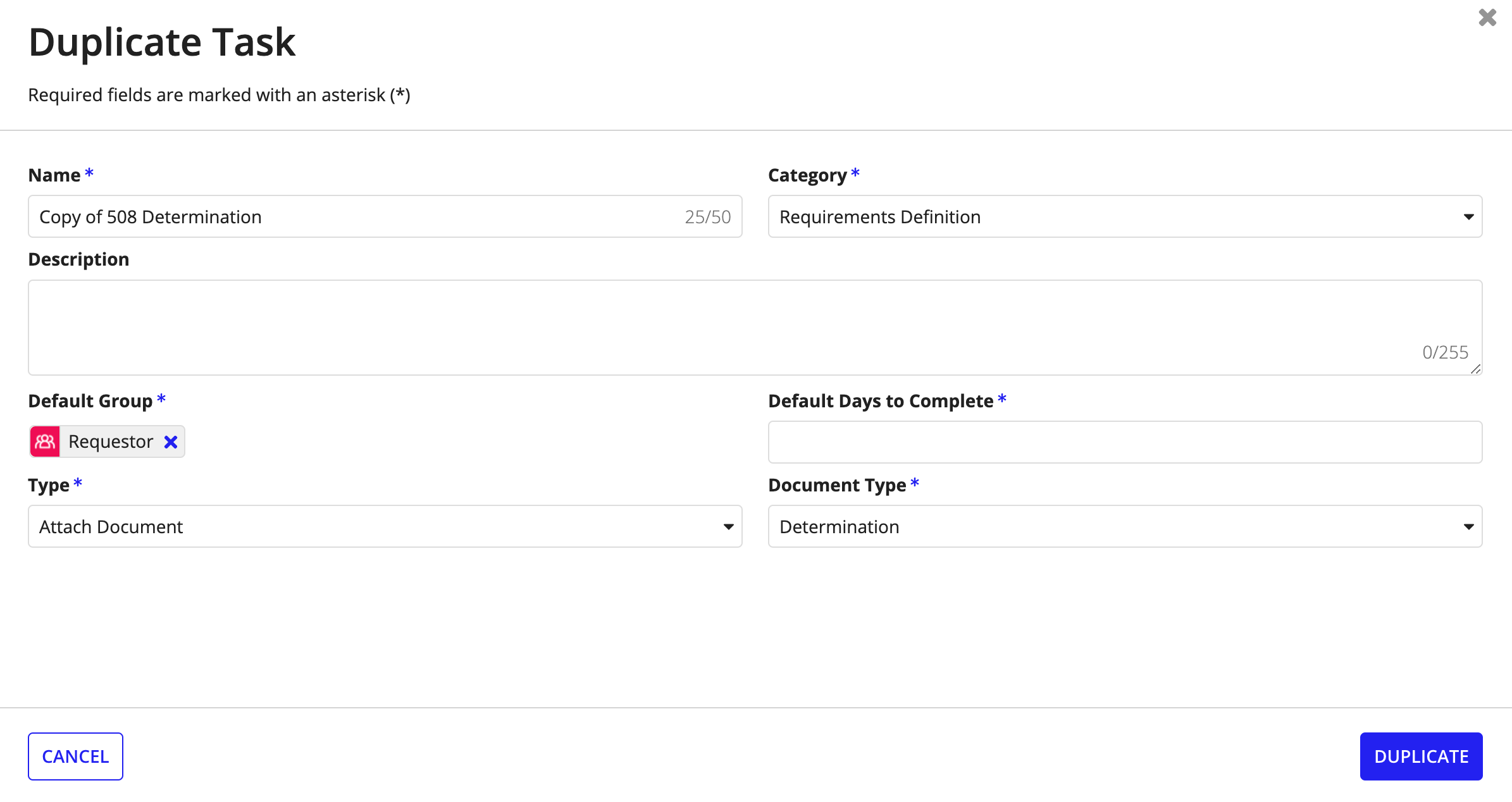 Duplicate Task wizard displaying configurable task properties.