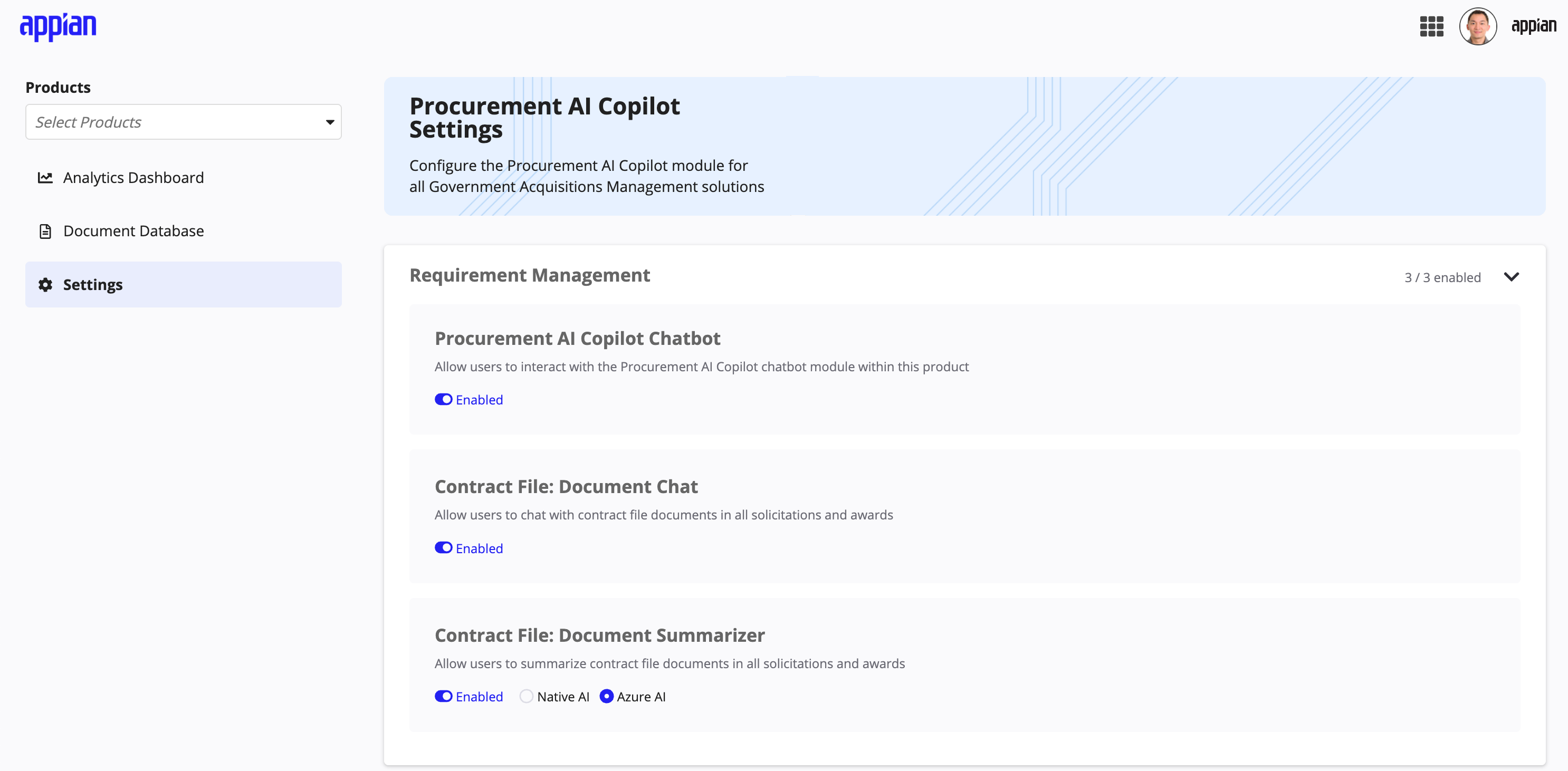 Procurement AI Copilot Settings page showing Chatbot, Document Chat, and Summarizer toggles enabled.