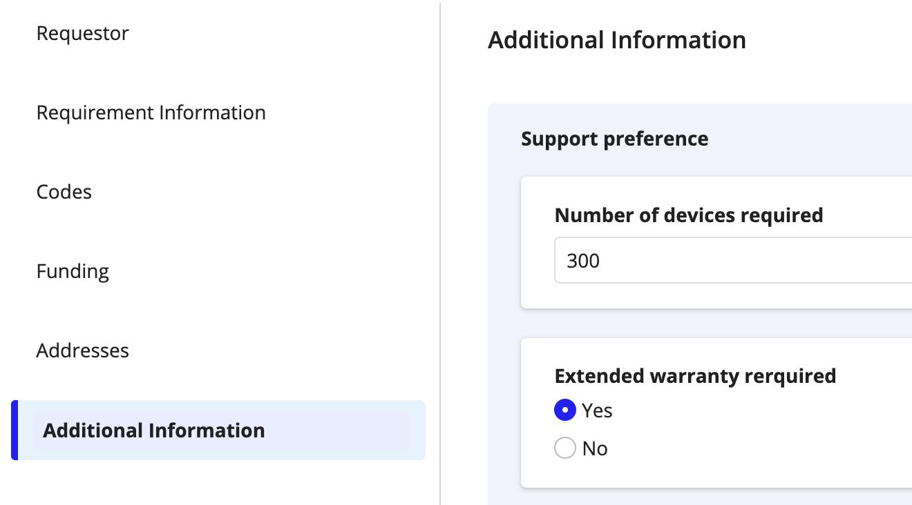 Additional Information tab showing configurable requirement questions.