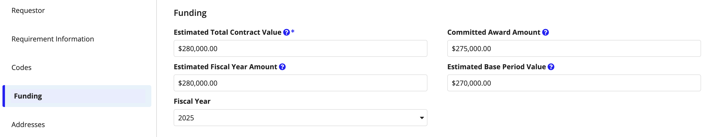 Funding tab showing estimated contract, committed award, and fiscal year amounts.