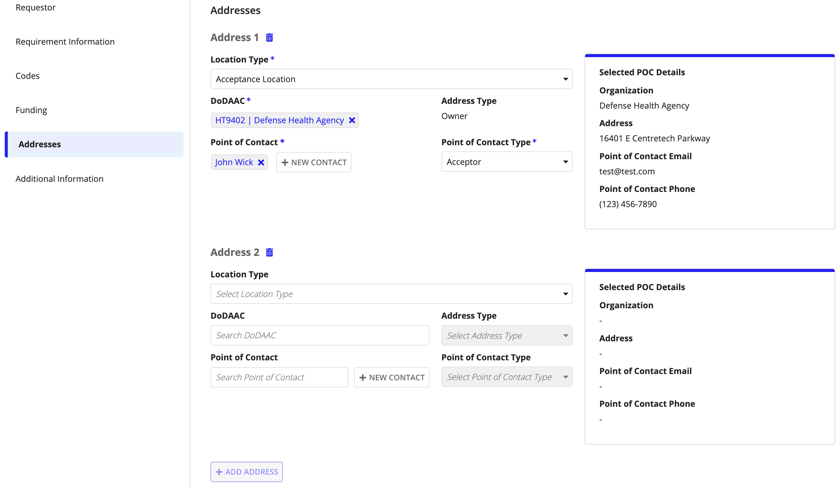Addresses tab: enter requirement locations and points of contact.
