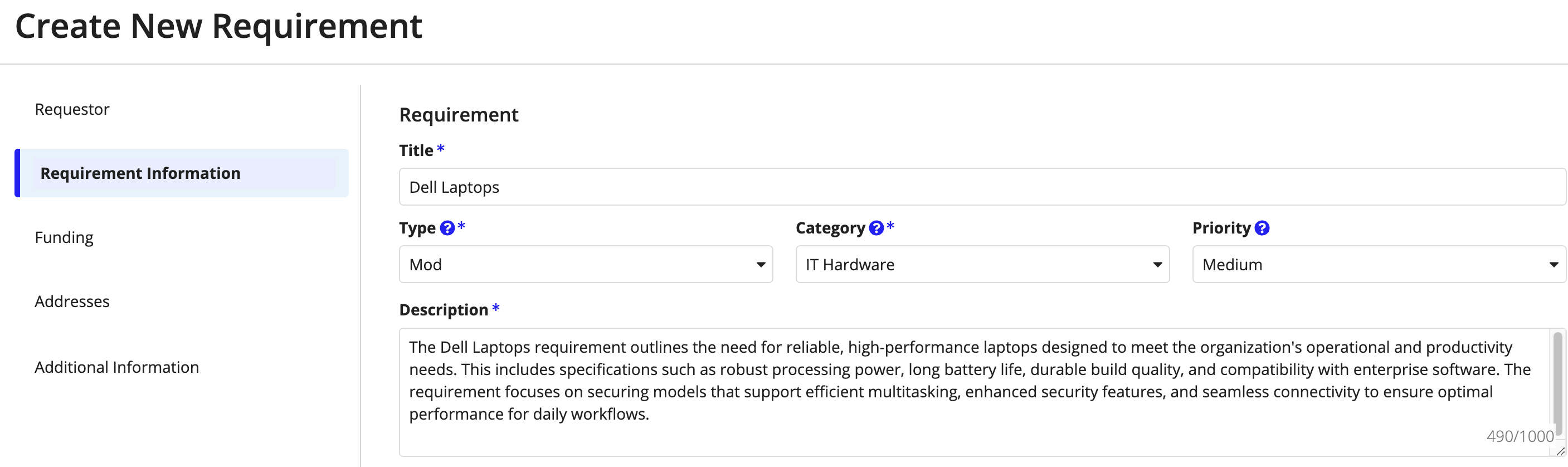 Requirement Information tab of the Create New Requirement wizard.