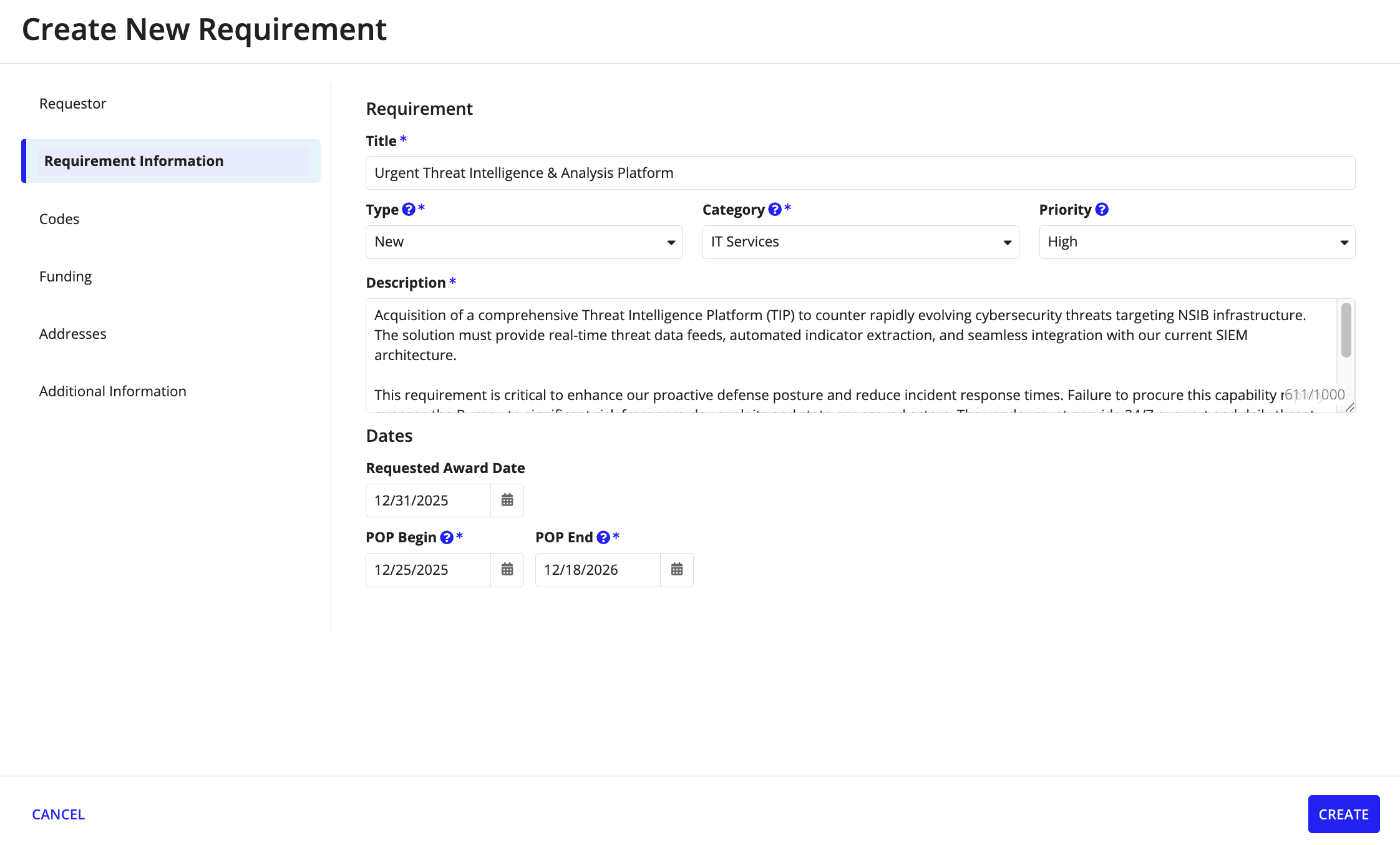 Appian RM: New Requirement wizard, Requirement & Dates section for data entry.