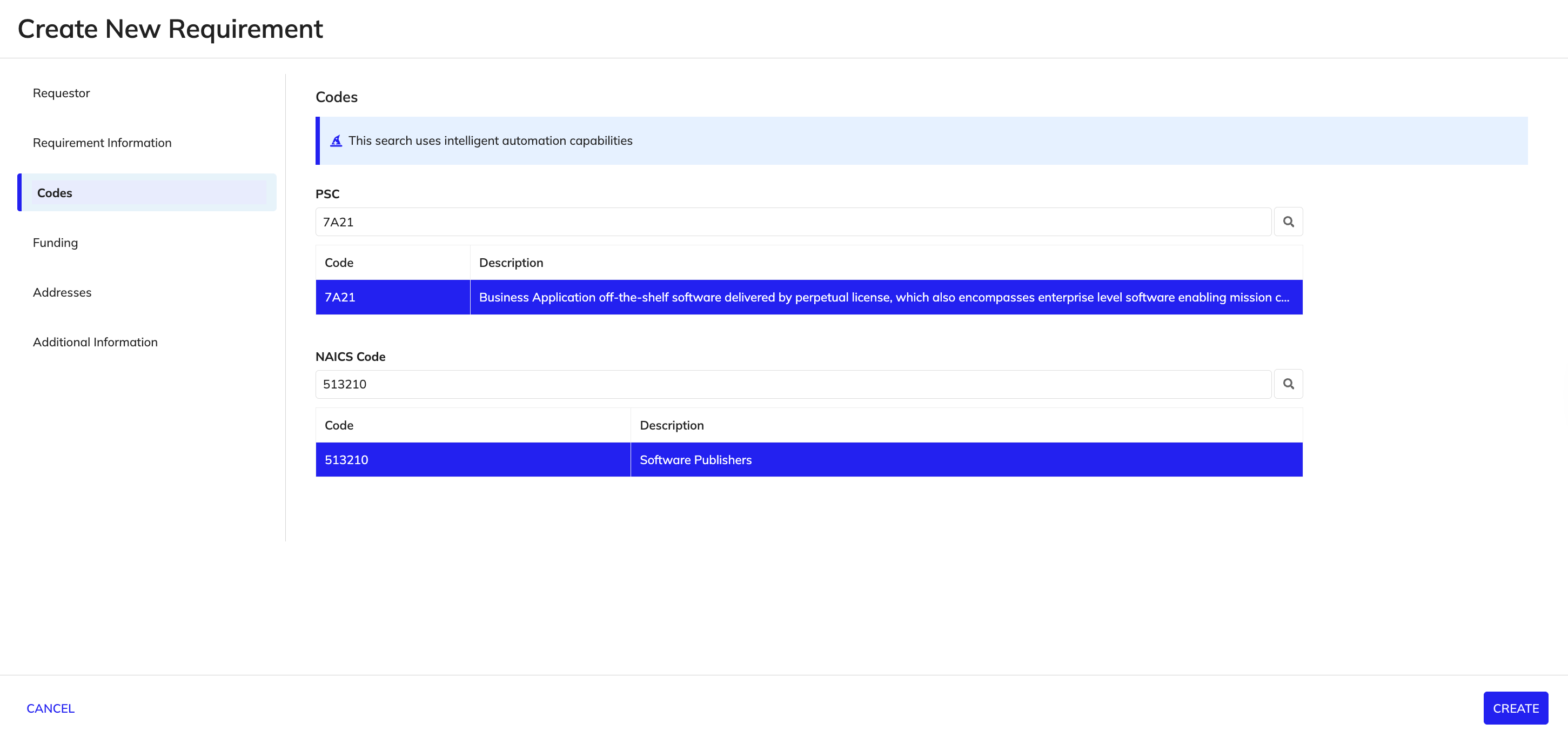 Appian RM: Intelligent PSC and NAICS code search in new requirement wizard.