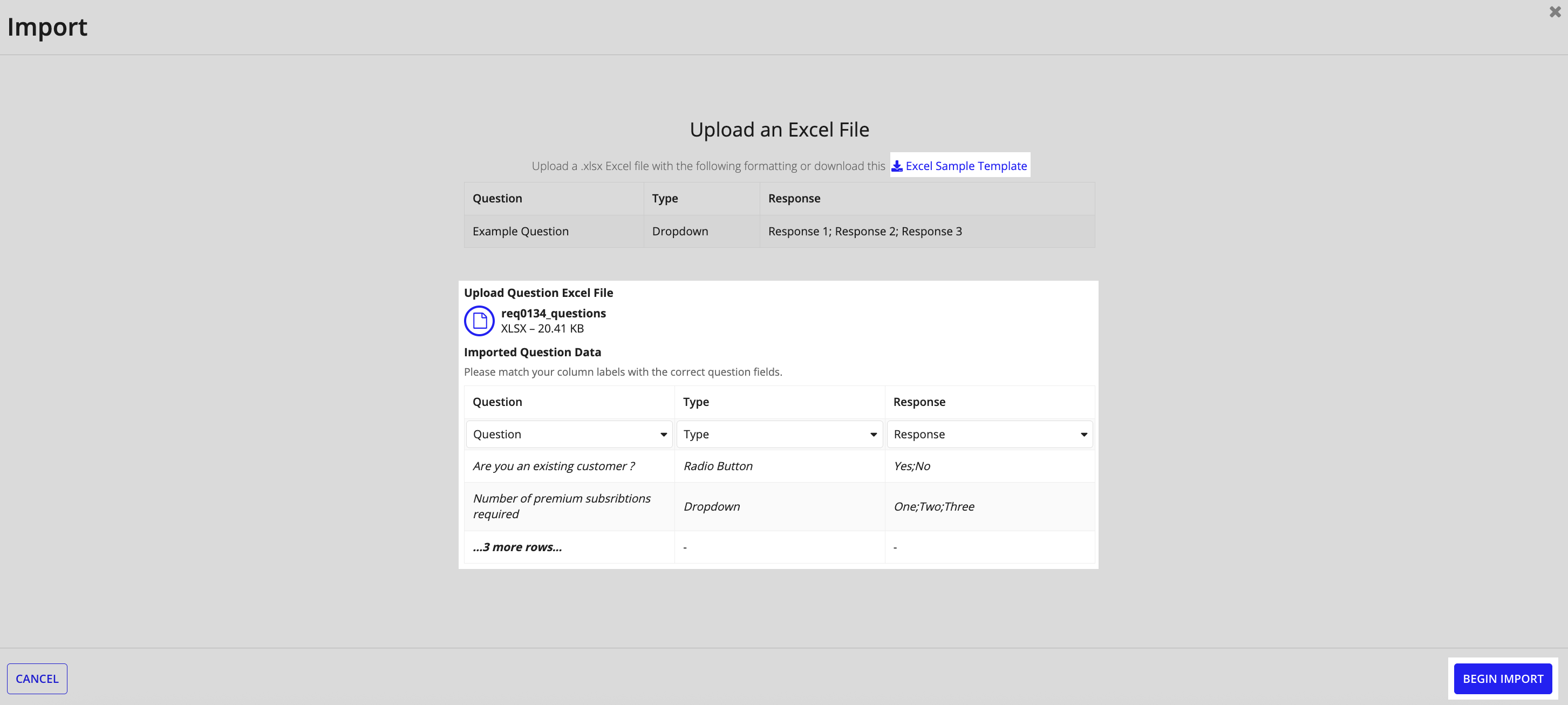 Import questions wizard: Uploaded Excel data for review.