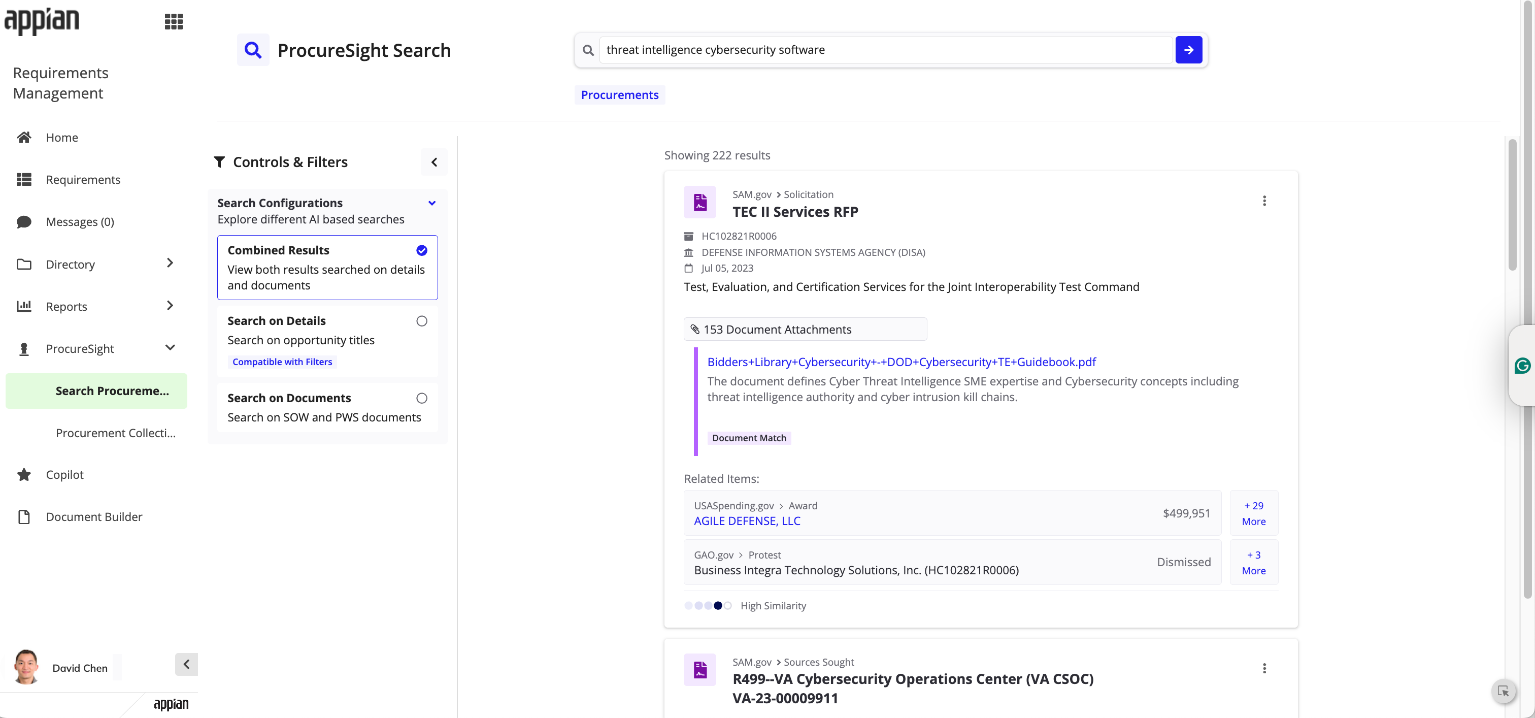 ProcureSight search interface for procurement data, including past searches.