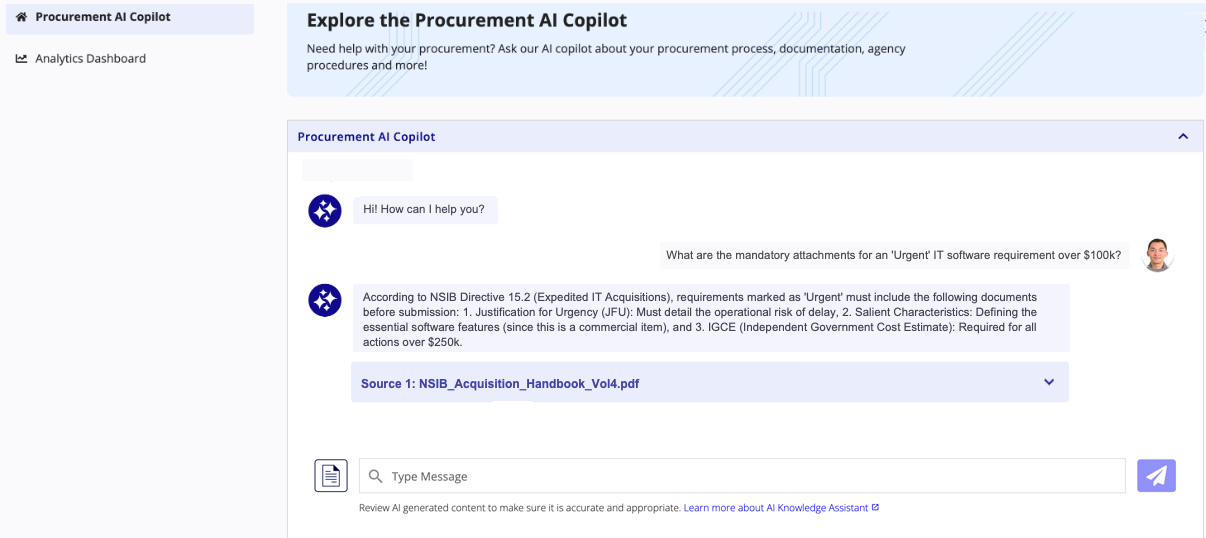 Appian Procurement AI Copilot chatbot answering a question about federal contract eligibility.