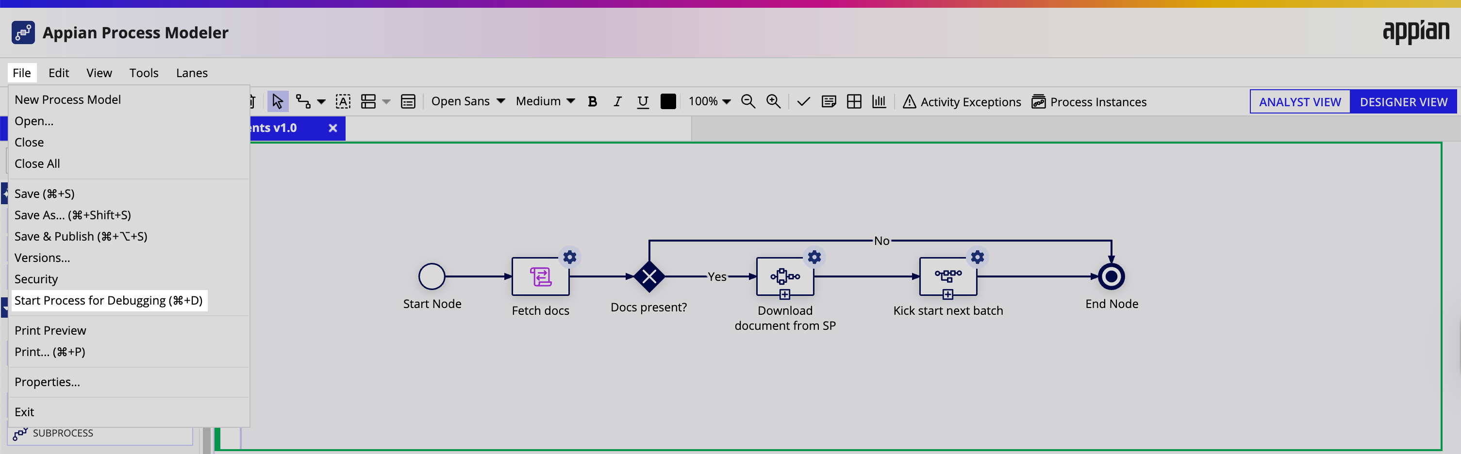 Appian Process Modeler: Selecting 'Start Process for Debugging' from File menu.