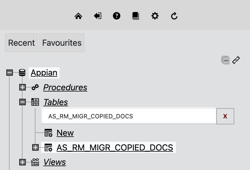 Appian Cloud Database: Tables expanded, search for AS_RM_MIGR_COPIED_DOCS.