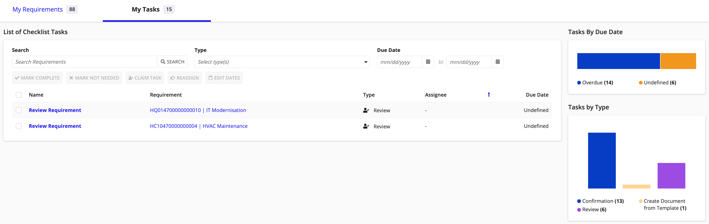 Tasks list showing bulk selection and actions: Claim, Reassign, Mark Not Needed, Edit Due Date.