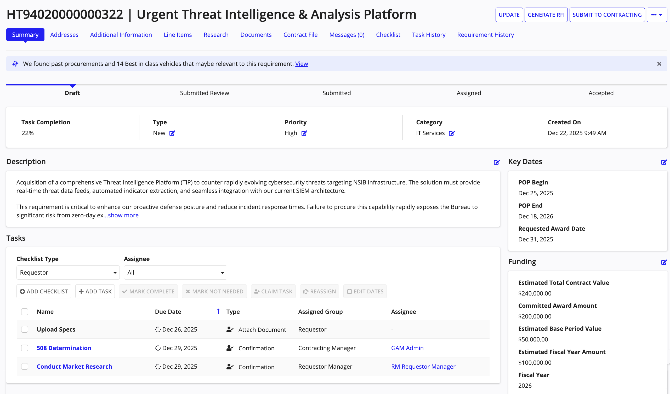 Requirement with configurable checklist and automated tasks.