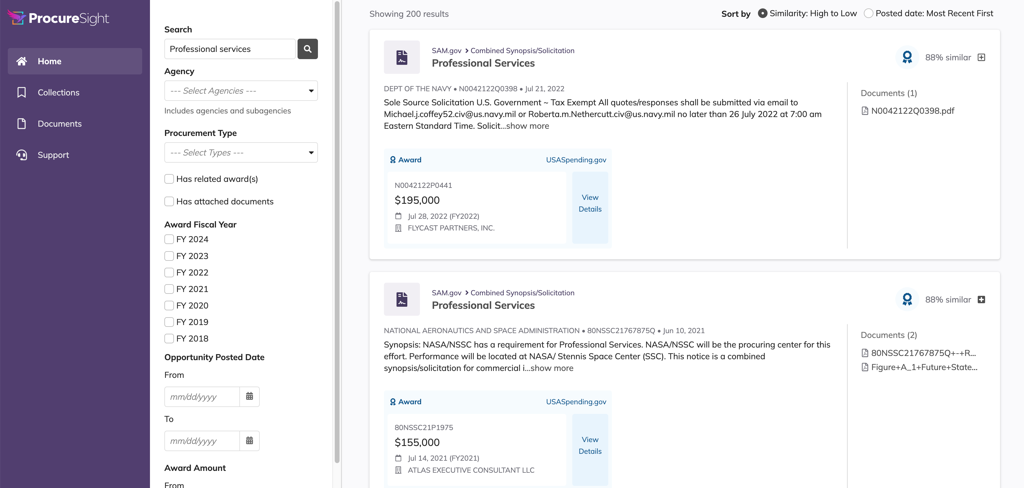 ProcureSight: unified view of procurement search results for 'Professional services' with filters.