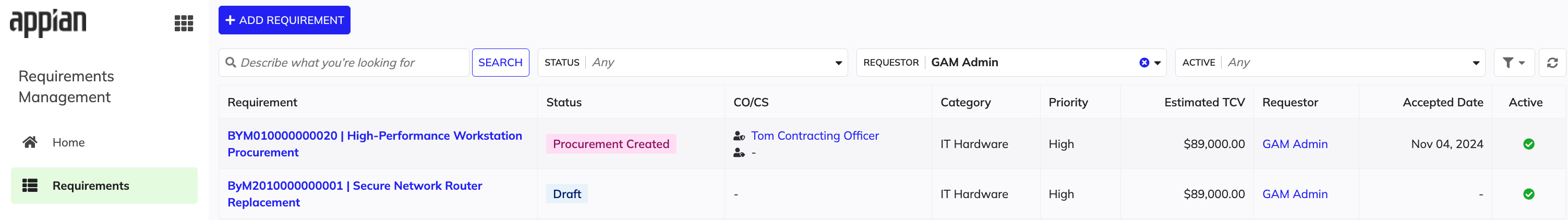 Appian Requirements Management: Requirements record list with search and filters.