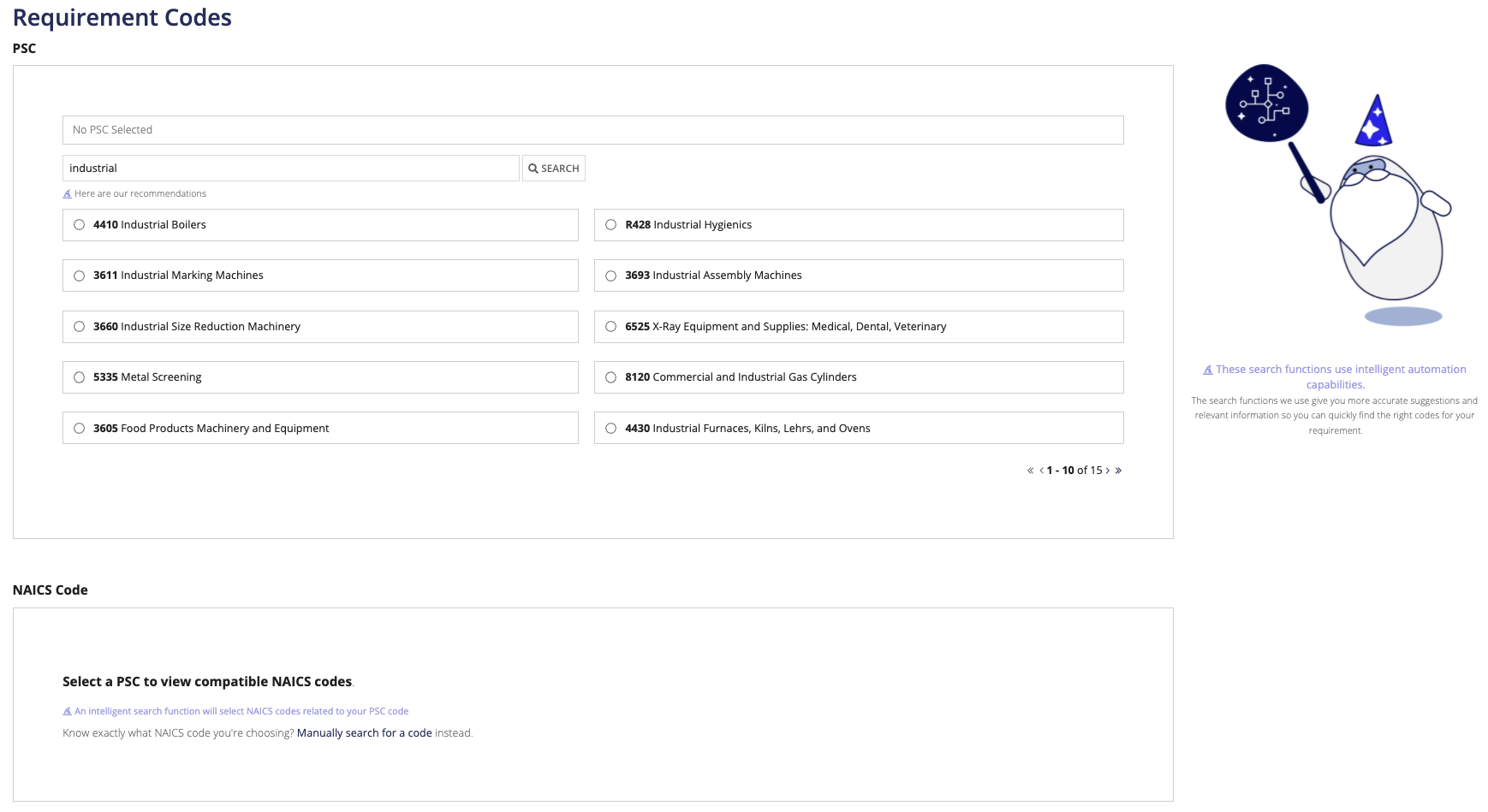 NAICS code auto-recommendations and manual search option.