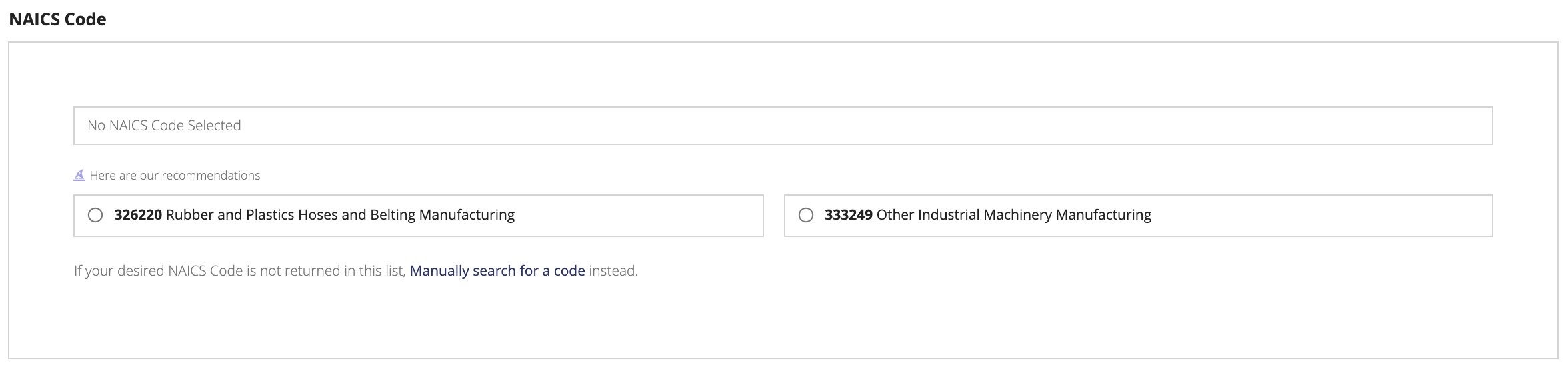 NAICS code auto-recommendations and manual search option.