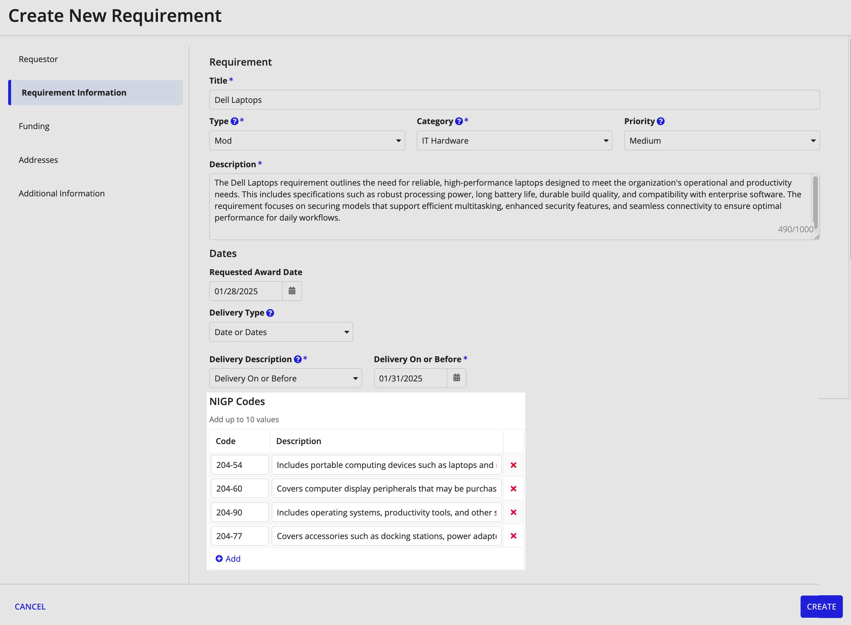 Requirement form showing NIGP codes section.
