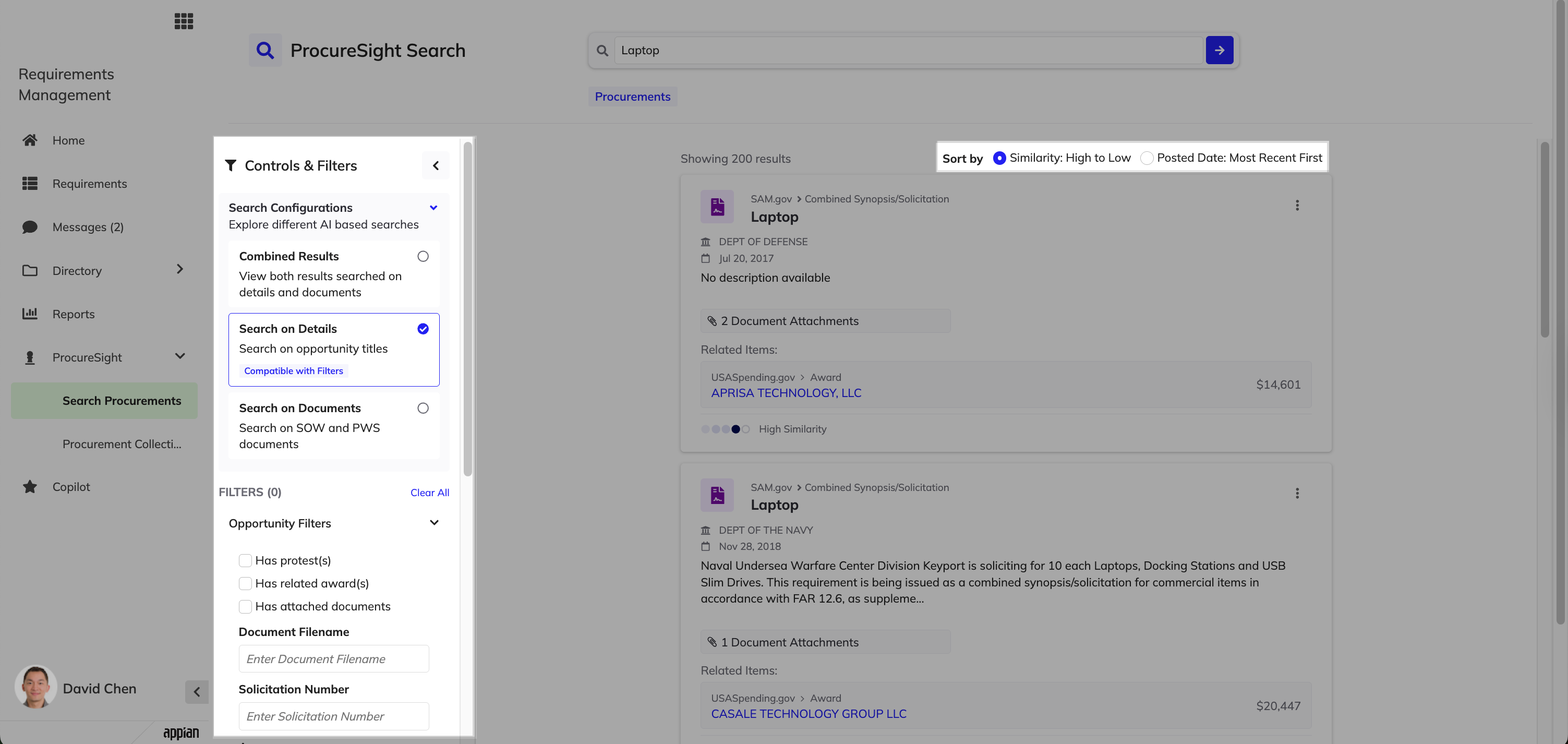 ProcureSight search results with filter options.