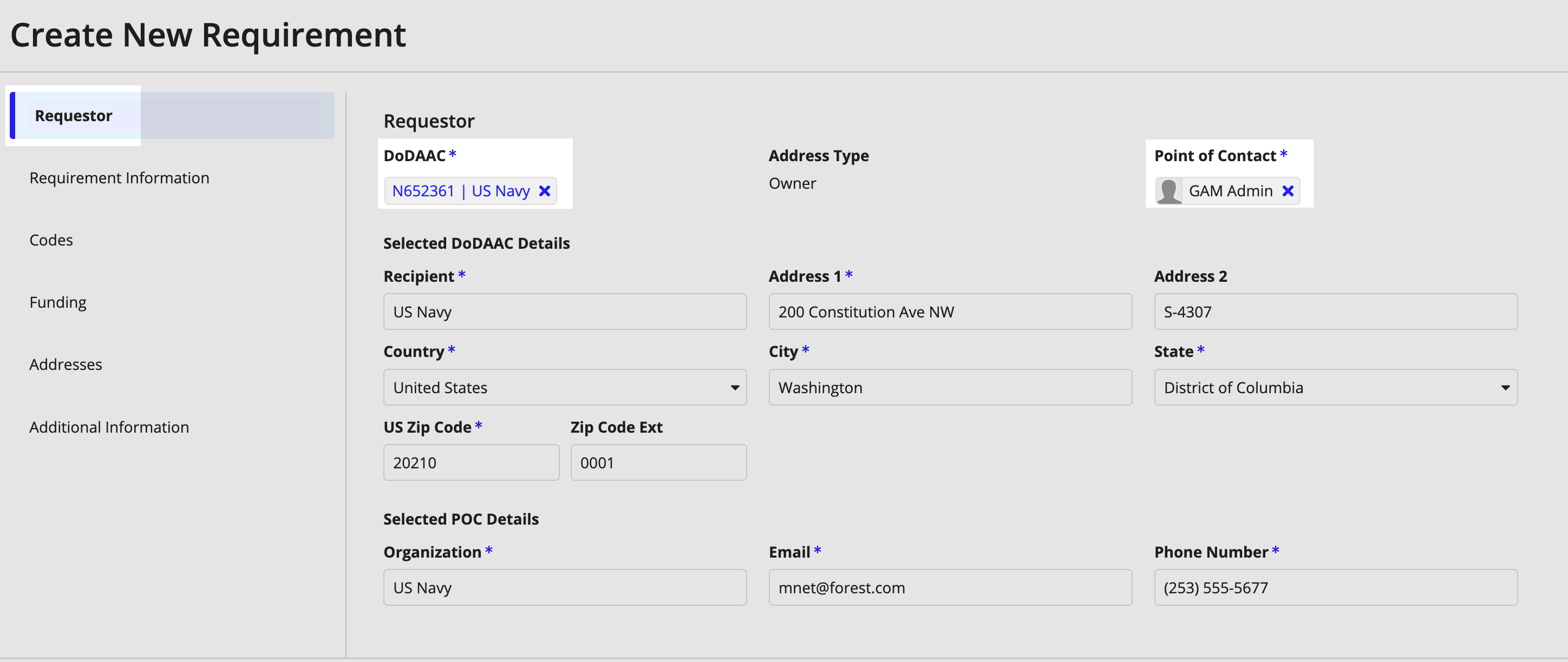 Create New Requirement wizard: Requestor tab showing auto-populated DoDAAC and contact details.