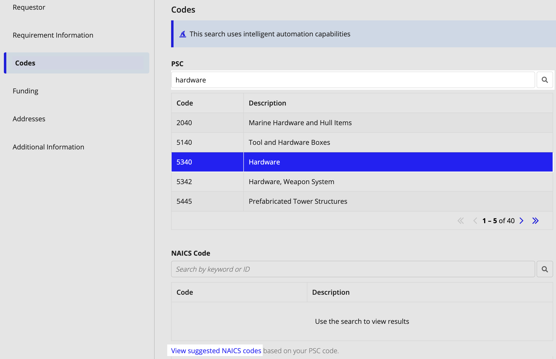 Codes tab: PSC code selected, with NAICS code search prompt.
