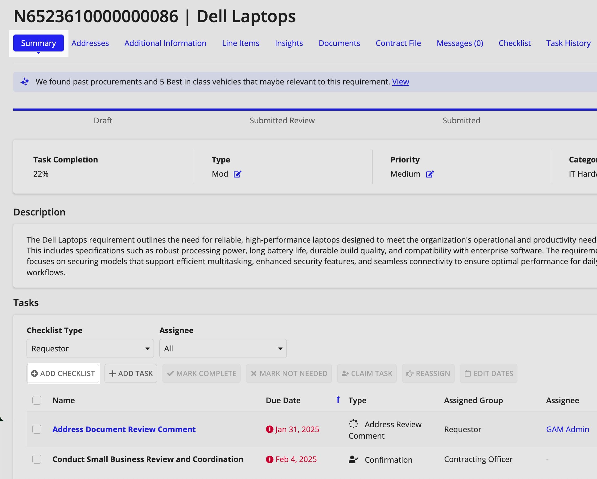 Requirement Summary tab: Tasks section displaying filtered checklist items.
