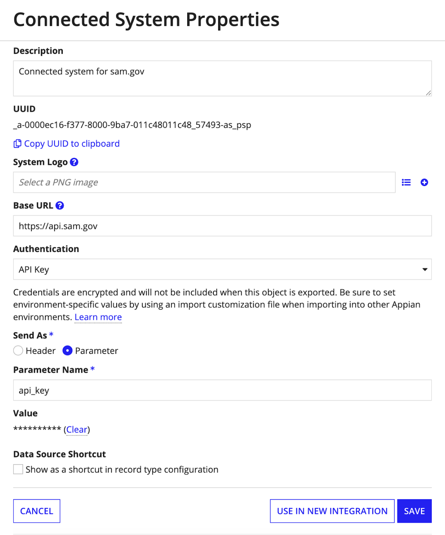 Connected System Properties page for SAM.gov integration showing API key authentication setup.