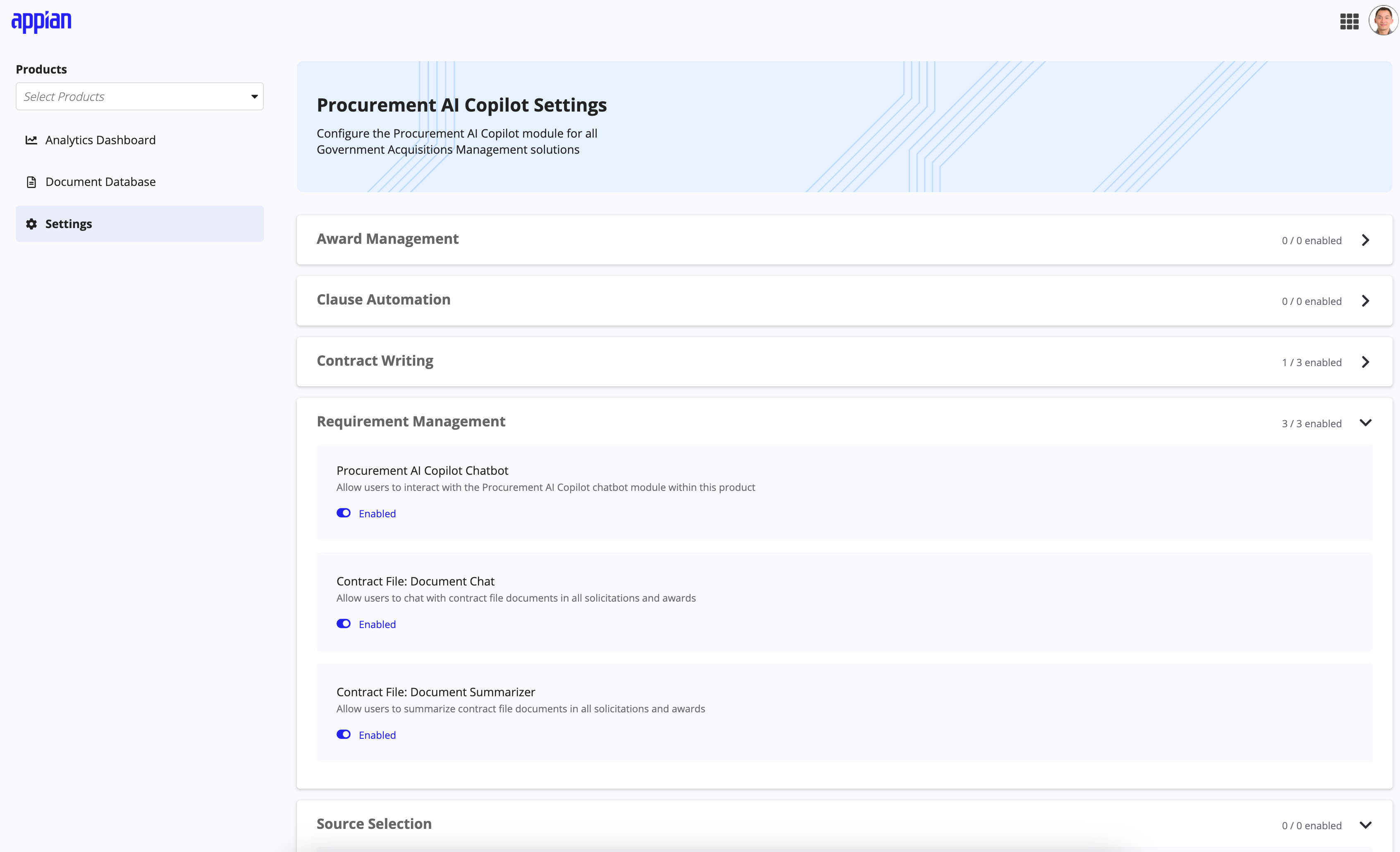 Procurement AI Copilot settings for chatbot, document chat, and summarizer configuration.
