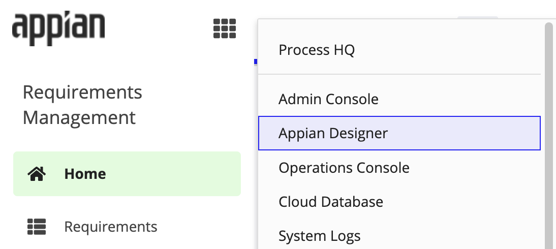 Appian Designer highlighted in Requirements Management dropdown.