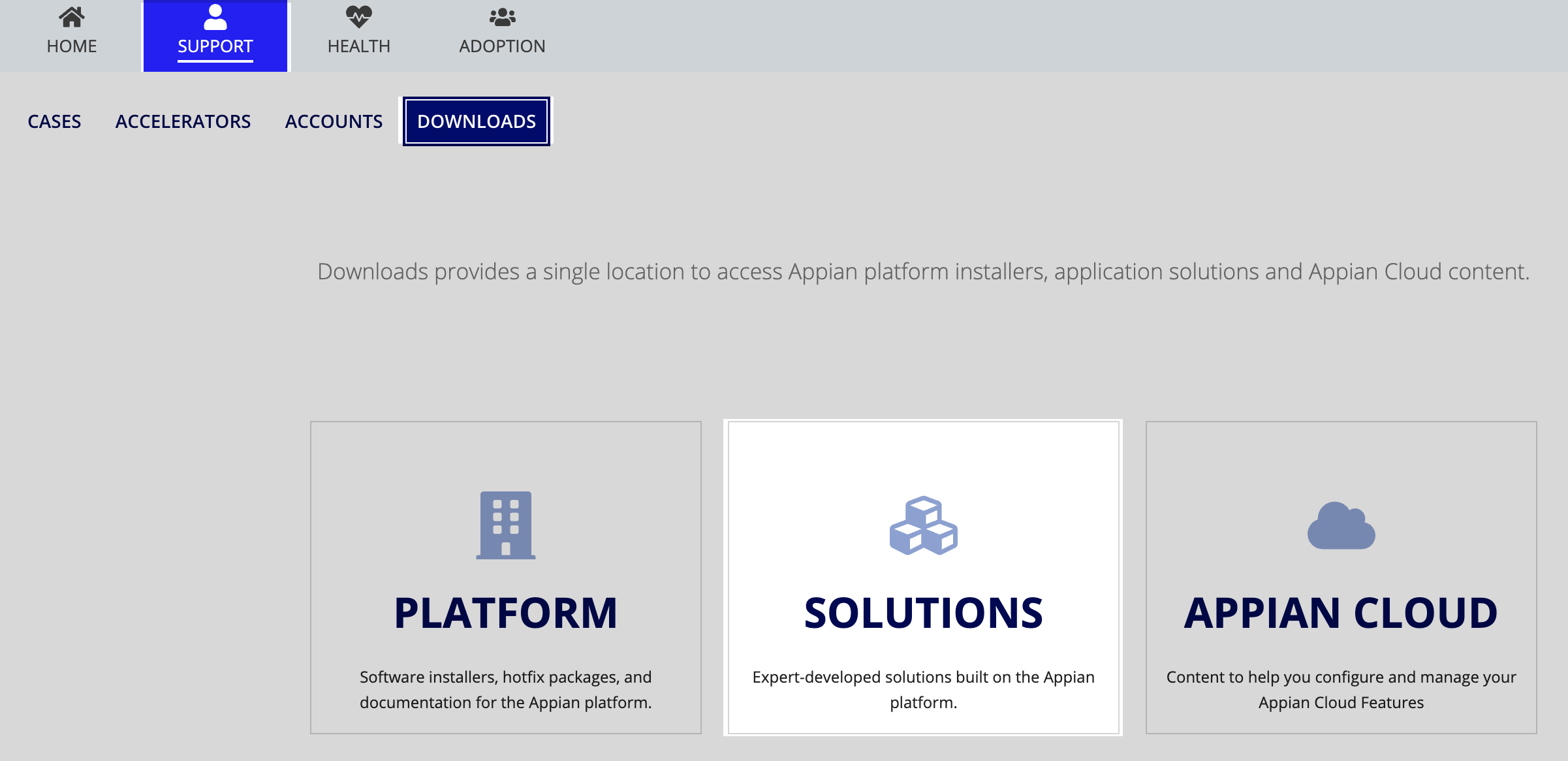 MyAppian Support > Downloads page, Solutions tile selected.