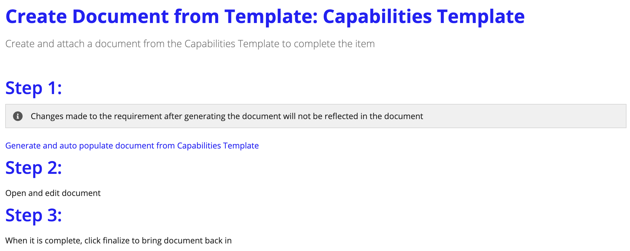 Create Document from Template task: Steps to generate from Capabilities Template.