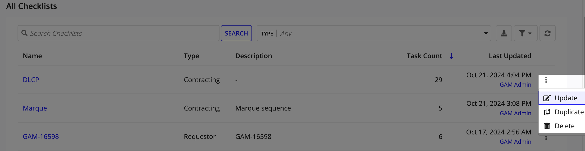 Grid of checklists with ellipsis menu open, 'Update' option highlighted.