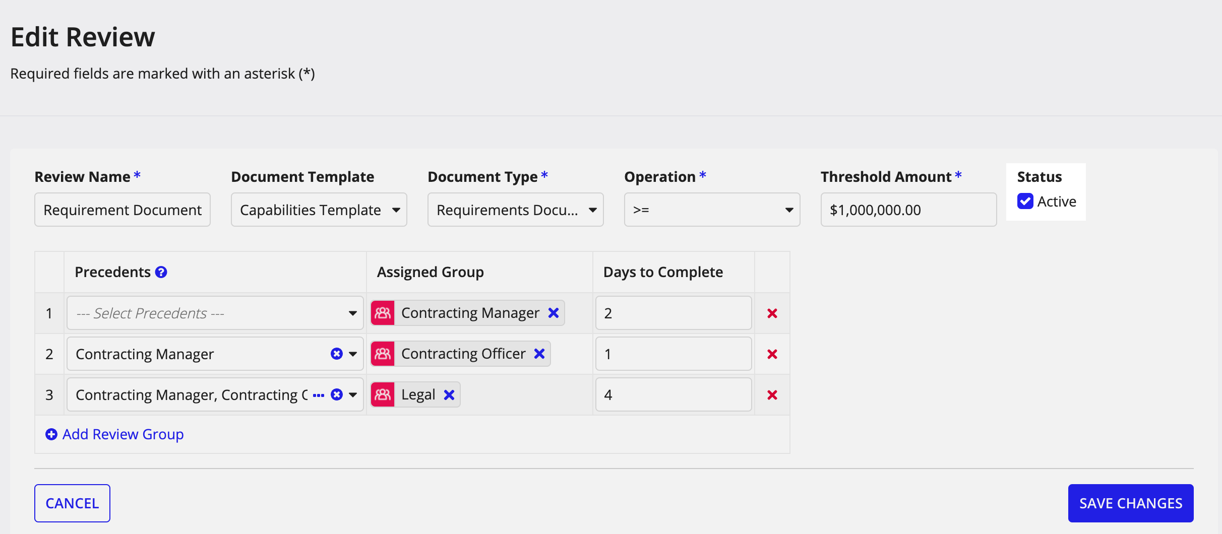 Edit Review wizard for updating document review settings.