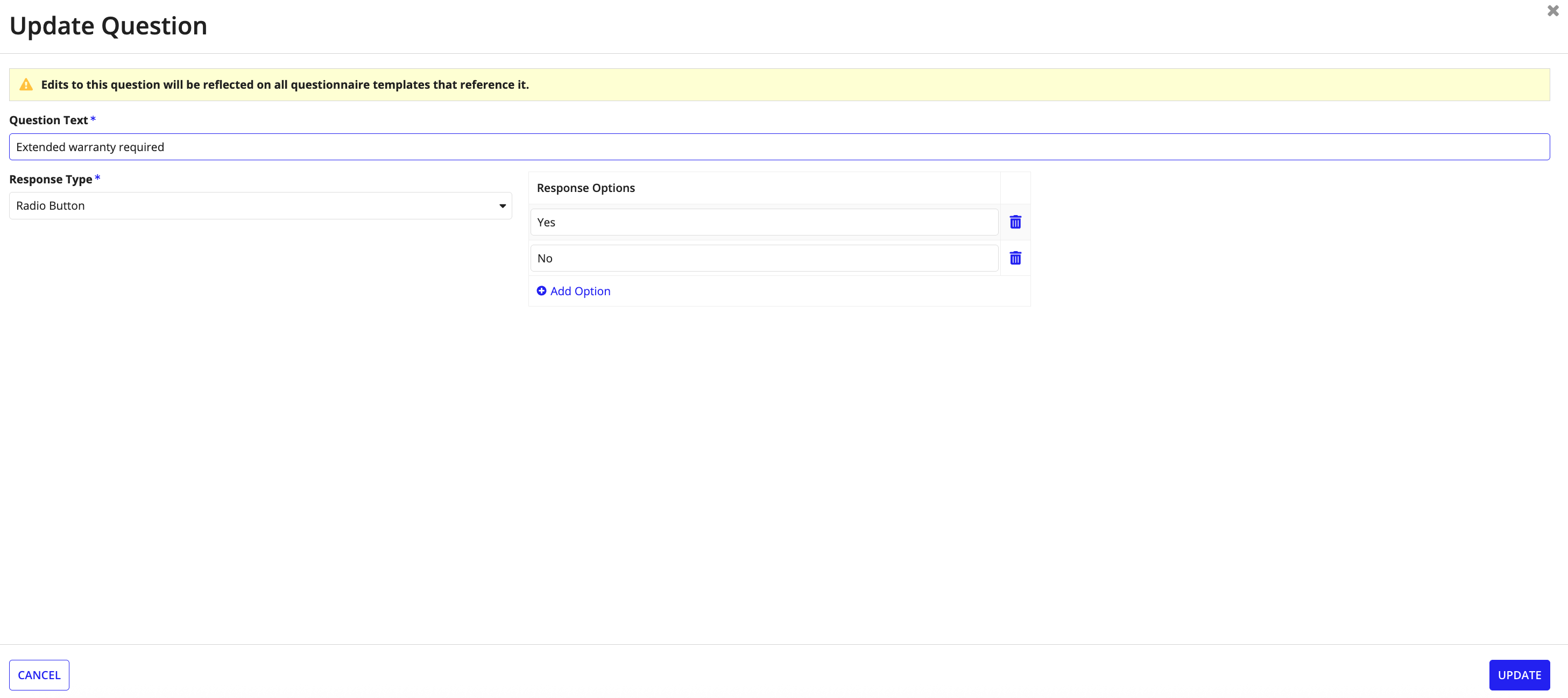 Update Question wizard for modifying question text, response type, and response options.