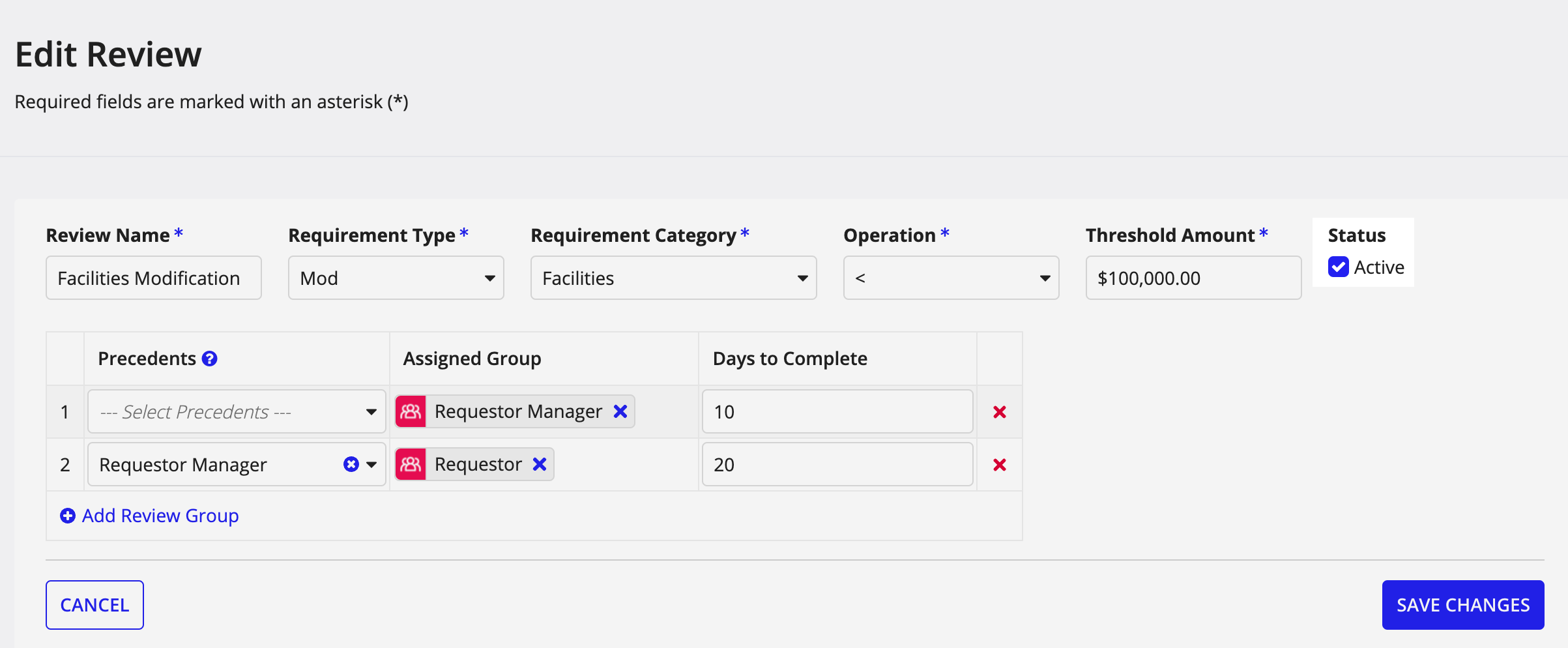 Edit Review form displaying fields for updating a requirement review's configuration.