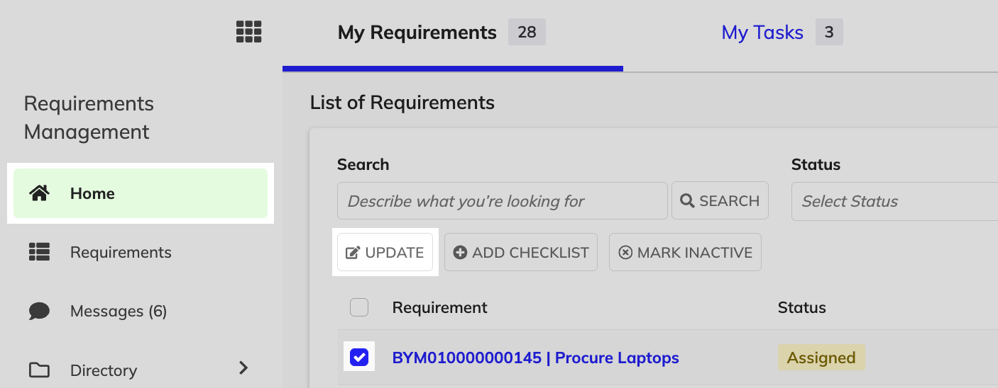 My Requirements list, showing a selected requirement and the 'UPDATE' button.